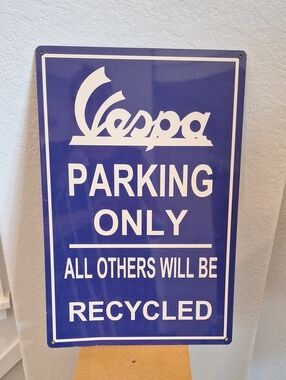 Retro Vespa Parking Only Metal Rectangular Sign Blue & White